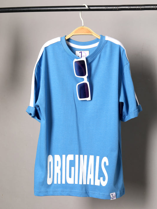 Boys Blue Printed Drop Shoulder T-shirt