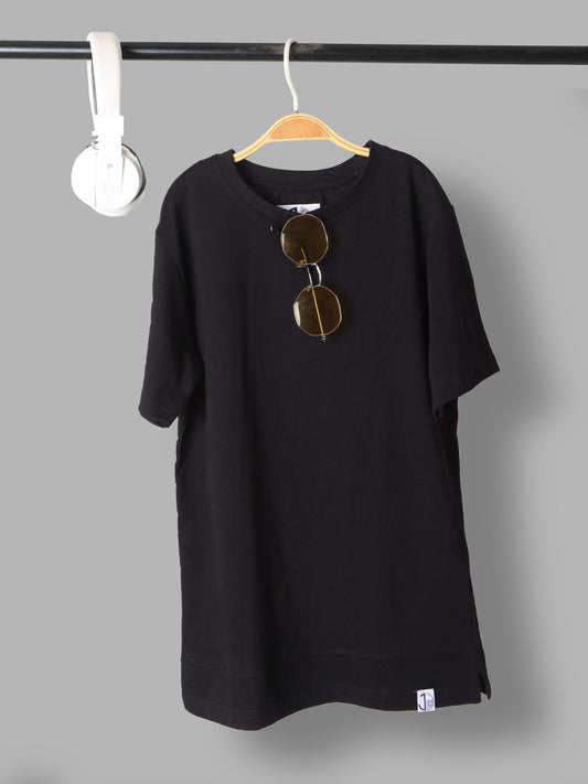 Boys Solid Black Longline Drop Shoulder T-Shirt