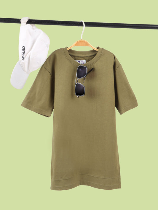 Boys Solid Olive Longline Drop Shoulder T-Shirt