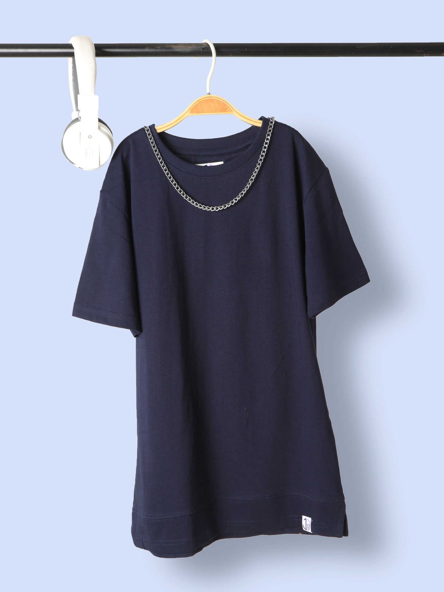 Boys Solid Navy Longline Drop Shoulder T-Shirt