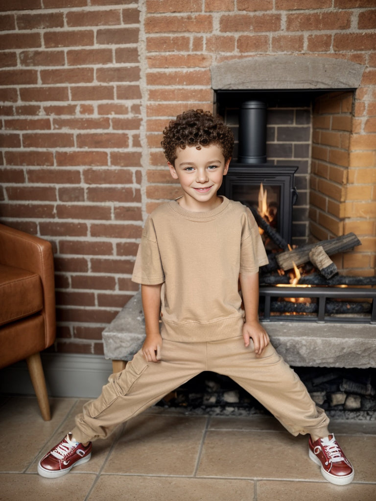 Boys Solid Beige Oversized Trackpant